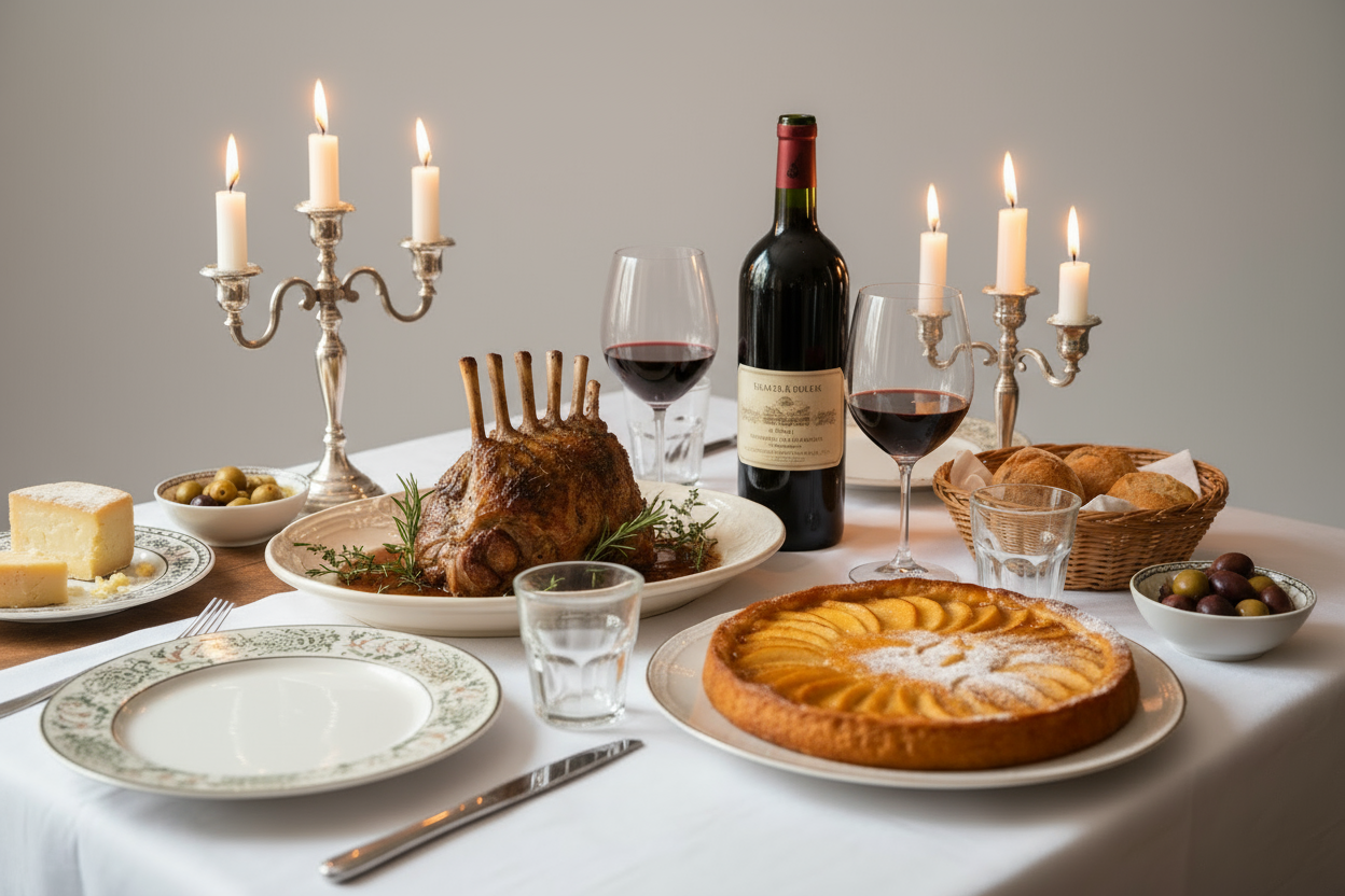 french wine dinner table with wine, lamb, and apple tart